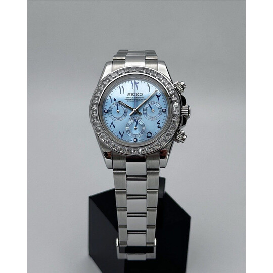 Custom Seiko Mod • Ice blue Arabic Silver Diamond Daytona • 39.5mm